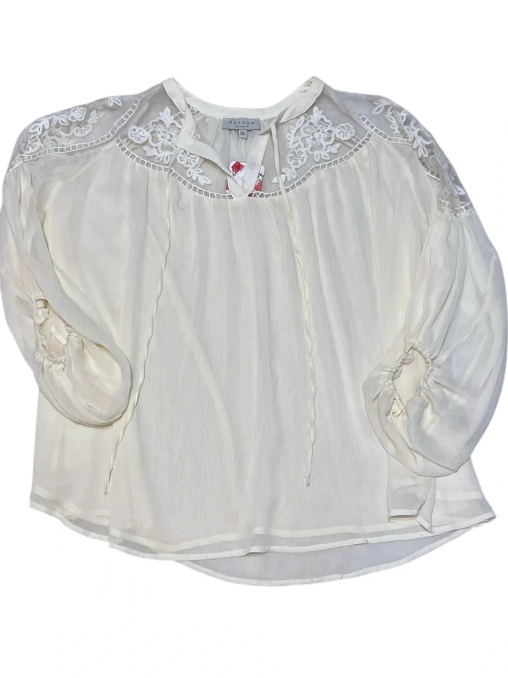 Hayden Los Angeles Sheer White Bohemian Lace Long Sleeve Peasant Blouse Top L - Picture 11 of 13
